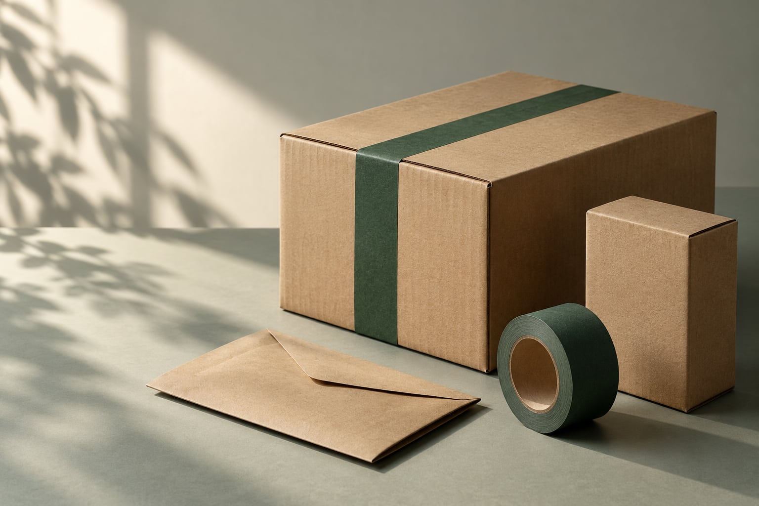 Composição ilustrativa de embalagens de papelão e fita verde.